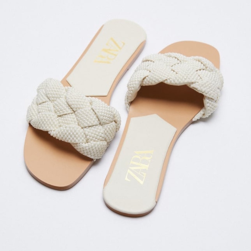 ZARA Pearl Detail Woven Slide Sandals